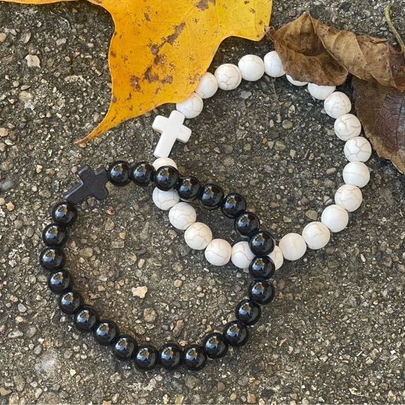2 piece Marble Cross Stone black/white Bracelet set. - Picture 1 of 5